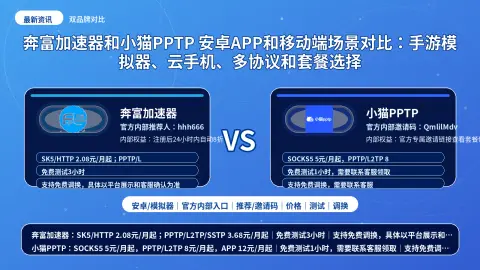 奔富加速器和小猫PPTP 安卓APP和移动端场景对比：手游模拟器、云手机、多协议和套餐选择封面图