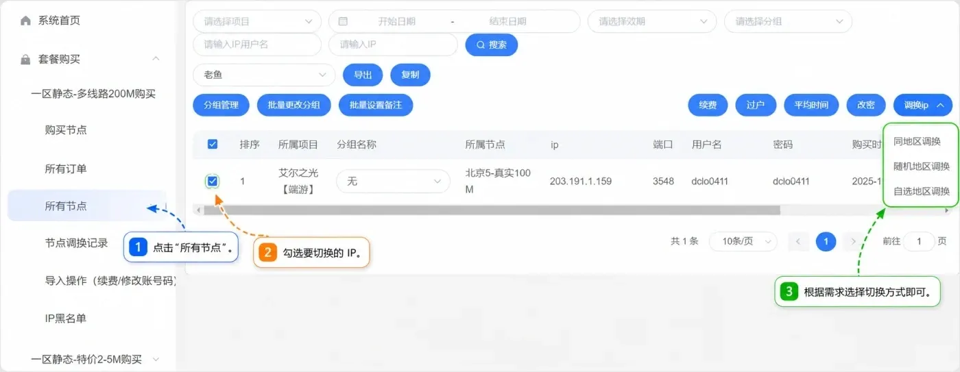 沧海IP调换IP与节点管理页面