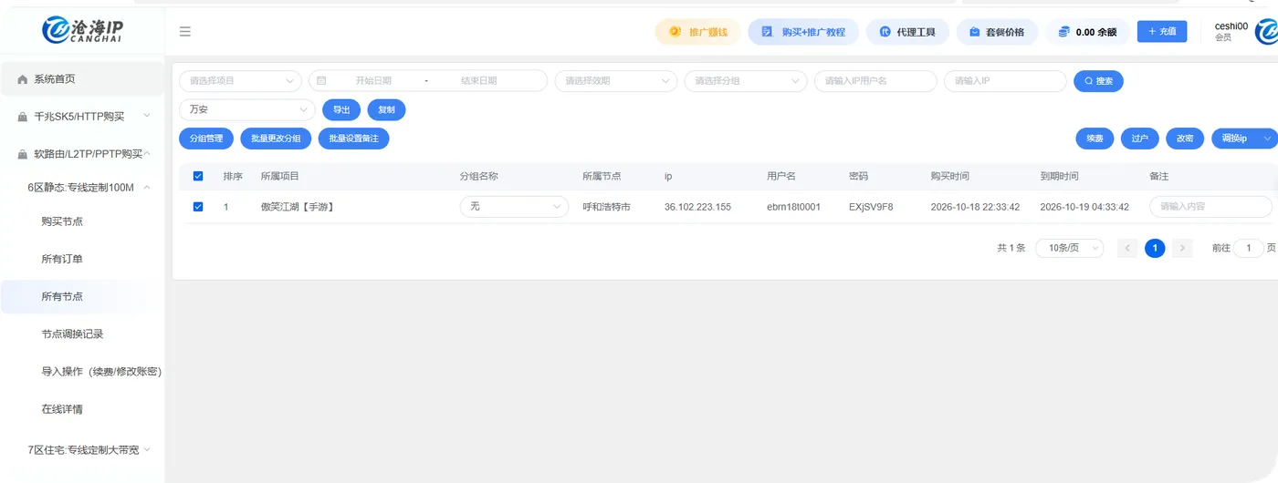 沧海六区节点列表中核对新开线路与到期时间
