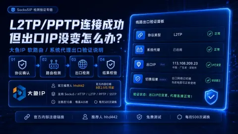 L2TP/PPTP连接成功但出口IP没变怎么办？大鱼IP软路由和系统代理排查封面图