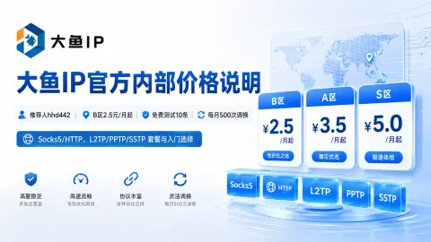 大鱼IP官方内部价格说明：推荐人hhd442、B区2.5元/月起、L2TP/PPTP/SSTP与免费测试封面图