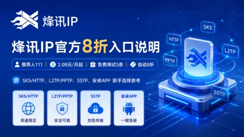 烽讯IP官方8折入口说明：推荐人111、SK5/HTTP、L2TP/PPTP/SSTP和免费测试5条封面图