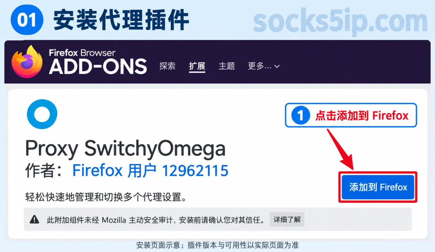 第1步：在Firefox扩展页面核对Proxy SwitchyOmega名称并点击添加到Firefox