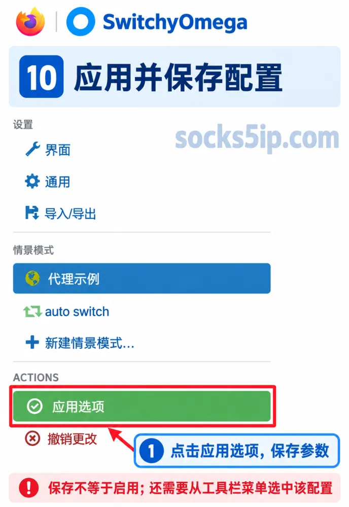 第10步：点击绿色应用选项按钮保存代理参数