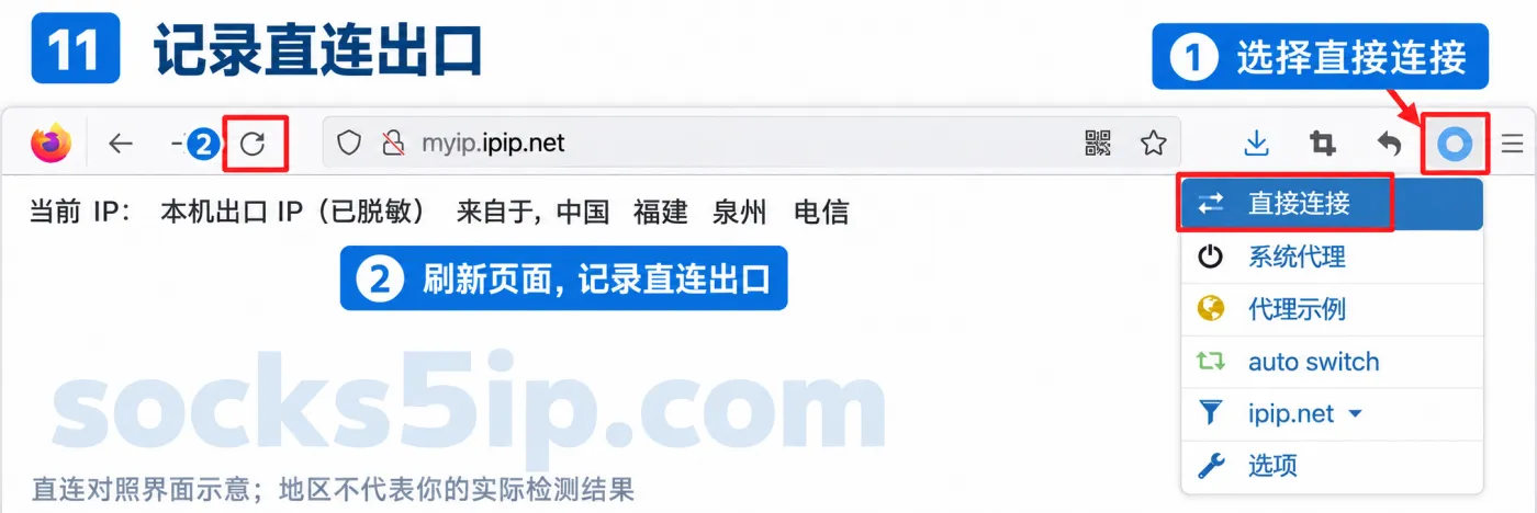 第11步：选择直接连接并刷新IP检测页记录直连出口