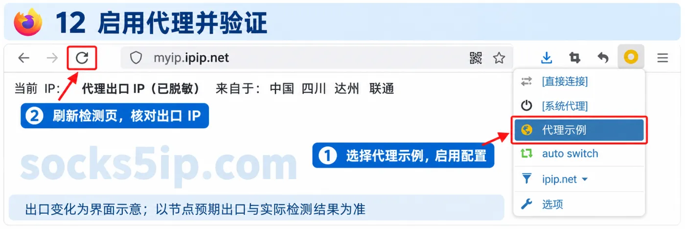 第12步：选择代理示例启用配置并刷新检测页核对实际代理出口