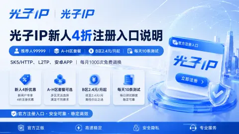 光子IP新人4折注册入口说明：推荐人99999、A-H区套餐、免费测试与1000次调换封面图