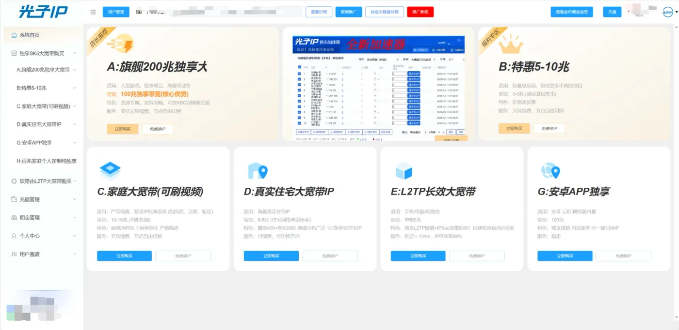 光子IP登录后的后台首页和产品分类