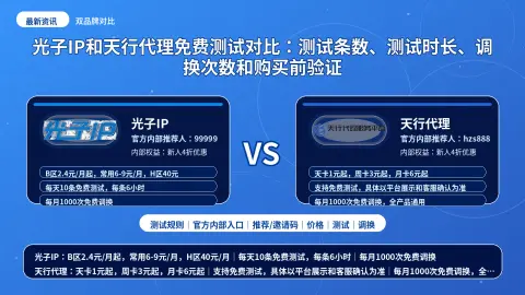 光子IP和天行代理免费测试对比：测试条数、测试时长、调换次数和购买前验证封面图