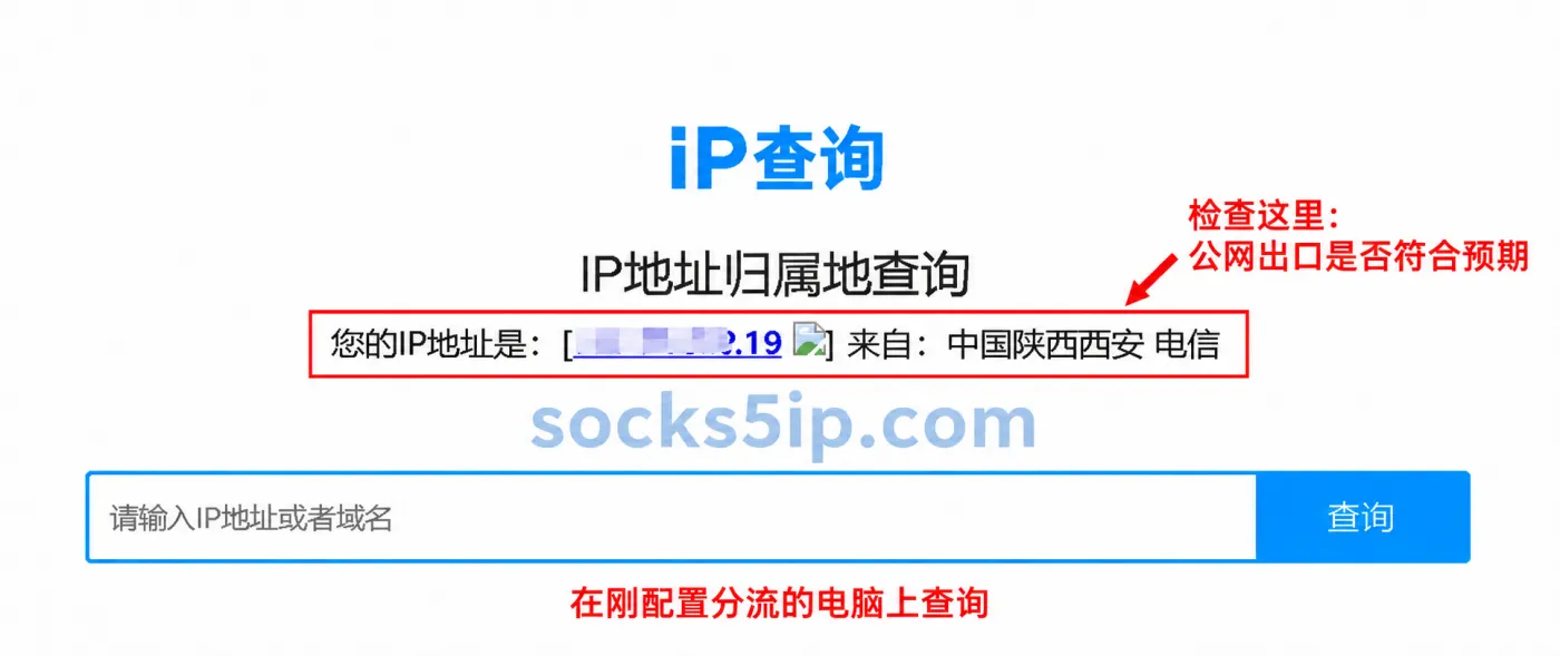 公网出口 IP 查询结果示例,具体地址已遮挡