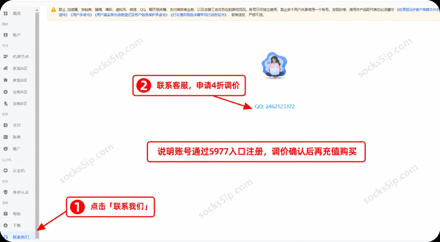鲸云网络优惠申请:进入联系我们,说明5977注册账号并申请4折调价