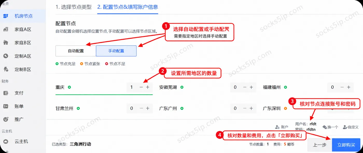 鲸云网络节点购买:选择配置方式,设置地区数量,核对连接账号和费用
