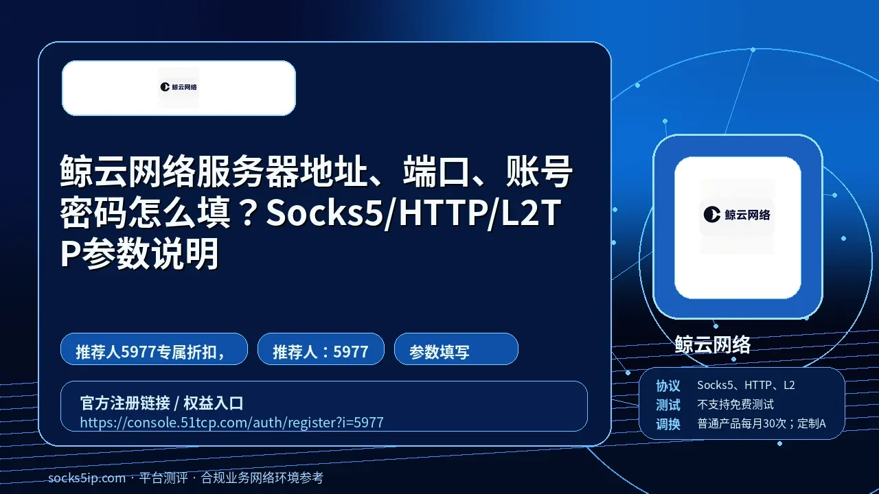 鲸云网络服务器地址、端口、账号密码怎么填？Socks5/HTTP/L2TP参数说明封面图