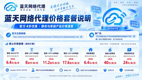 蓝天网络代理价格套餐说明｜4折注册链接｜SK5/HTTP、静态L2TP与家庭专区价格速查封面图
