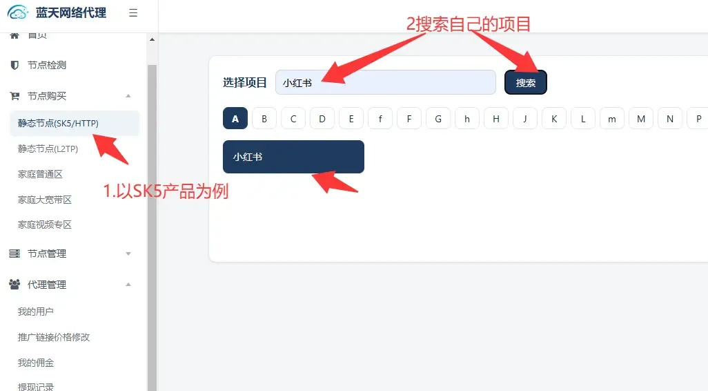 蓝天网络代理选择产品并搜索项目