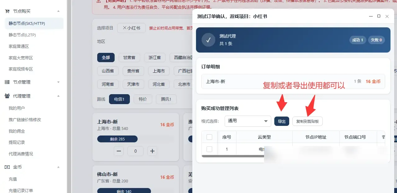 蓝天网络代理购买成功并复制连接信息