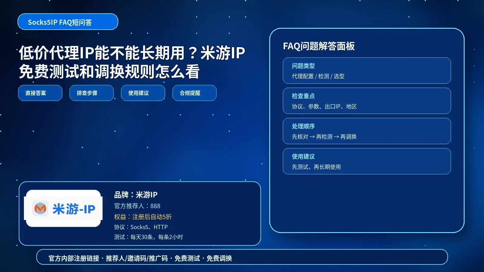 低价代理IP能不能长期用？米游IP免费测试和调换规则怎么看封面图