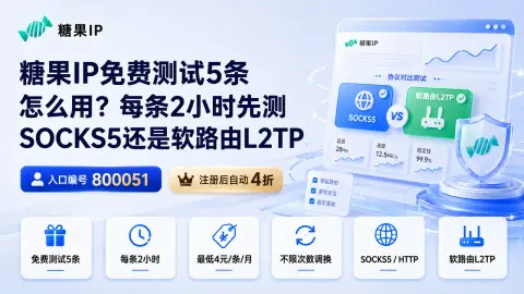 糖果IP免费测试5条怎么用？每条2小时先测SOCKS5还是软路由L2TP封面图