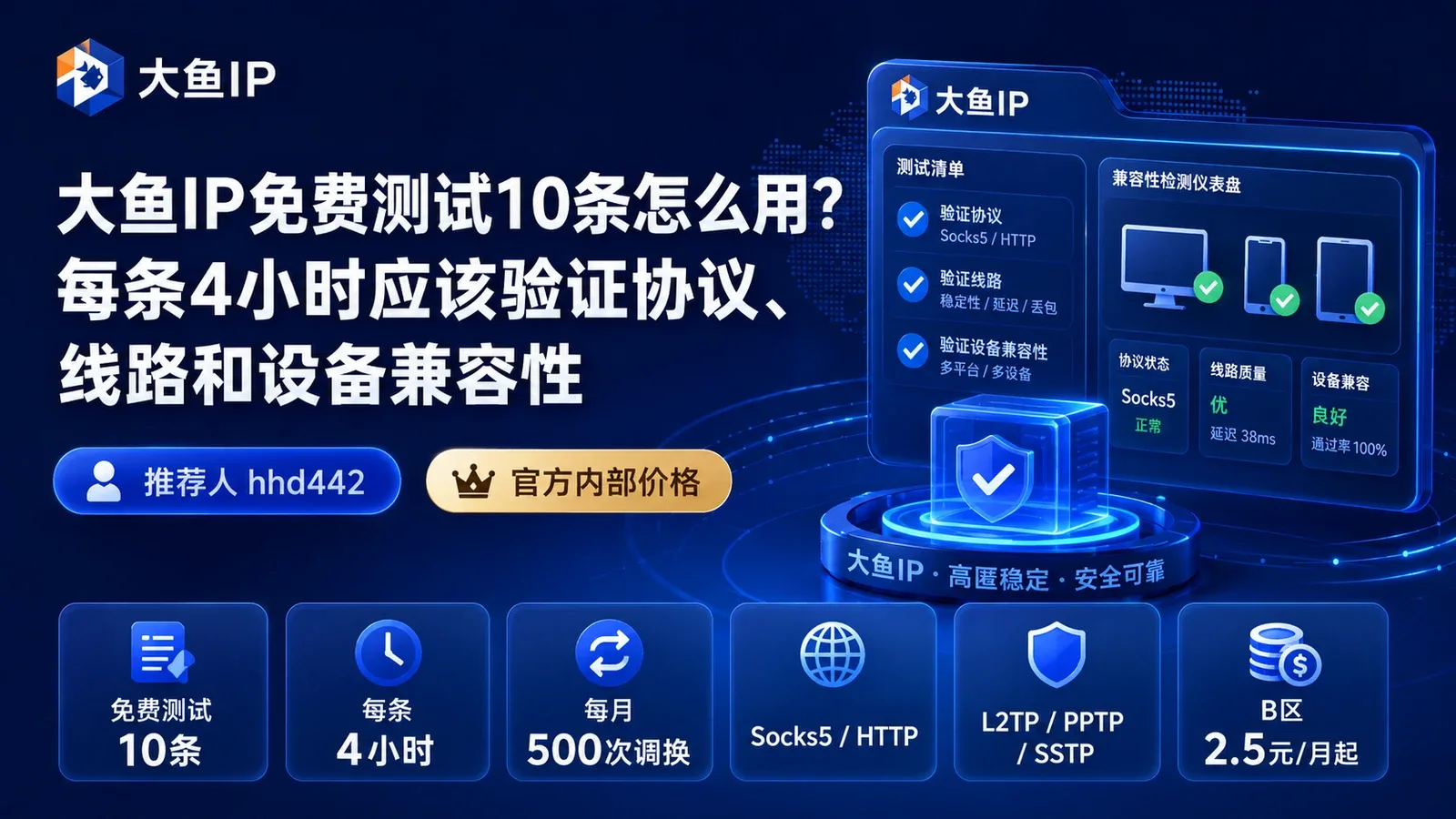 大鱼IP免费测试10条怎么用？每条4小时应该验证协议、线路和设备兼容性封面图