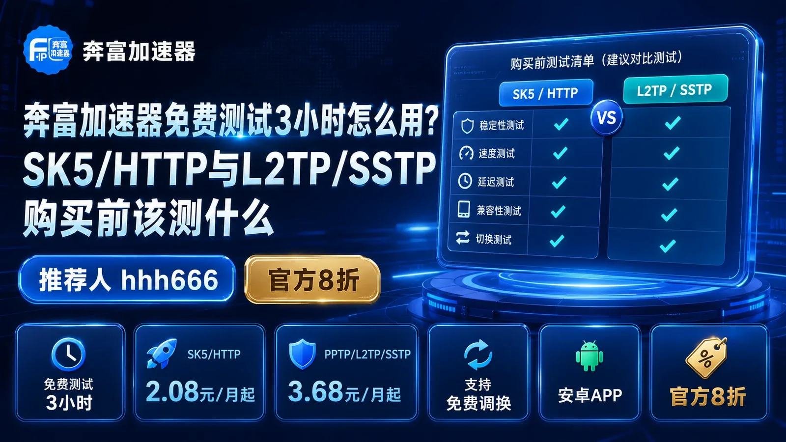 奔富加速器免费测试3小时怎么用？SK5/HTTP与L2TP/SSTP购买前该测什么封面图
