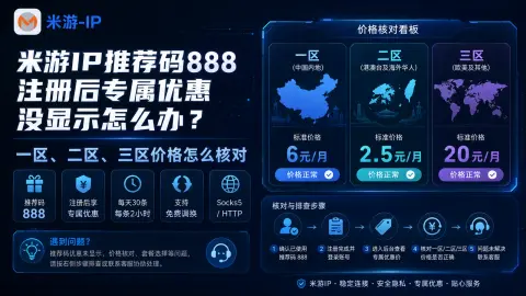 米游IP推荐码888注册后专属优惠没显示怎么办？一区、二区、三区价格怎么核对封面图