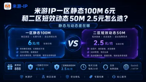 米游IP一区静态100M 6元和二区短效动态50M 2.5元怎么选？静态与动态差在哪封面图