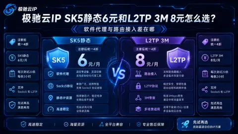 极驰云IP SK5静态6元和L2TP 3M 8元怎么选？软件代理与路由接入差在哪封面图