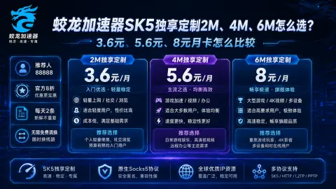 蛟龙加速器SK5独享定制2M、4M、6M怎么选？3.6元、5.6元、8元月卡怎么比较封面图
