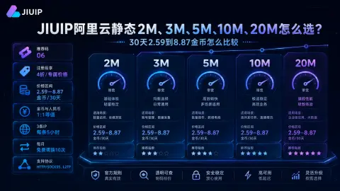 JIUIP阿里云静态2M、3M、5M、10M、20M怎么选？30天2.59到8.87金币怎么比较封面图