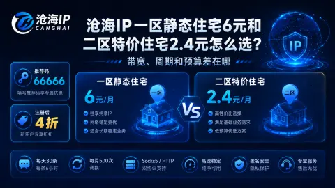 沧海IP一区静态住宅6元和二区特价住宅2.4元怎么选？带宽、周期和预算差在哪封面图