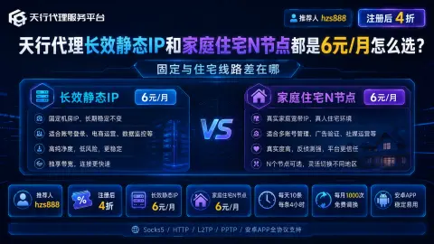 天行代理长效静态IP和家庭住宅N节点都是6元/月怎么选？固定与住宅线路差在哪封面图
