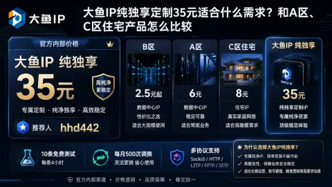 大鱼IP纯独享定制35元适合什么需求？和A区、C区住宅产品怎么比较封面图