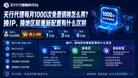 天行代理每月1000次免费调换怎么用？换IP、换地区和重新配置有什么区别封面图