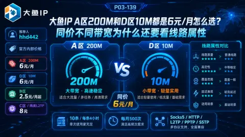 大鱼IP A区200M和D区10M都是6元/月怎么选？同价不同带宽为什么还要看线路属性封面图