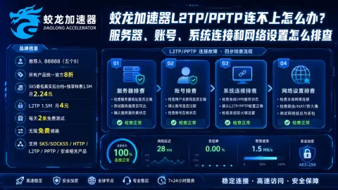 蛟龙加速器L2TP/PPTP连不上怎么办？服务器、账号、系统连接和网络设置怎么排查封面图