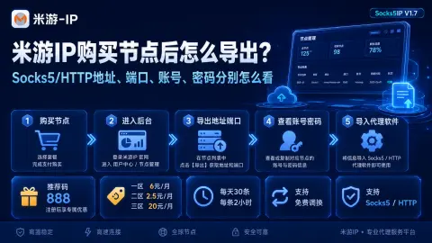 米游IP购买节点后怎么导出？Socks5/HTTP地址、端口、账号、密码分别怎么看封面图