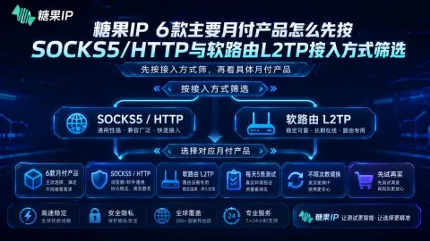 糖果IP 6款主要月付产品怎么先按SOCKS5/HTTP与软路由L2TP接入方式筛选封面图