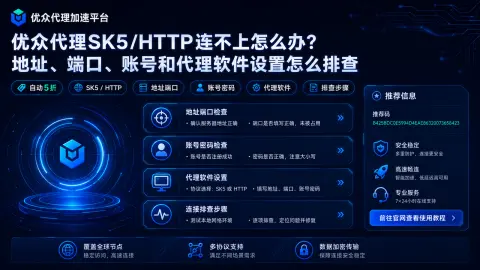 优众代理SK5/HTTP连不上怎么办？地址、端口、账号和代理软件设置怎么排查封面图