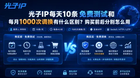 光子IP每天10条免费测试和每月1000次调换有什么区别？购买前后分别怎么用封面图