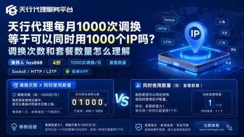 天行代理每月1000次调换等于可以同时用1000个IP吗？调换次数和套餐数量怎么理解封面图