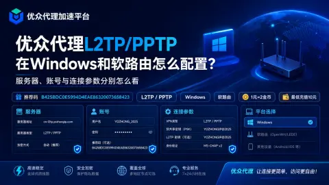 优众代理L2TP/PPTP在Windows和软路由怎么配置？服务器、账号与连接参数分别怎么看封面图