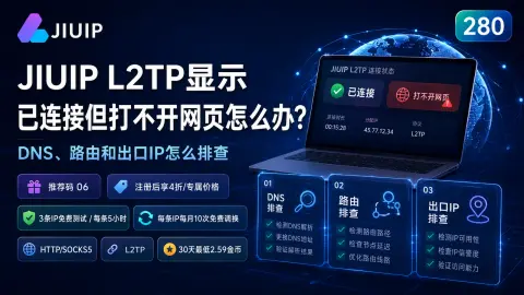 JIUIP L2TP显示已连接但打不开网页怎么办？DNS、路由和出口IP怎么排查封面图