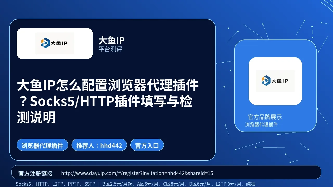 大鱼IP怎么配置浏览器代理插件？Socks5/HTTP插件填写与检测说明封面图