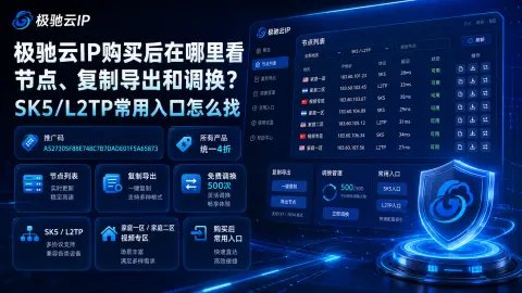 极驰云IP购买后在哪里看节点、复制导出和调换？SK5/L2TP常用入口怎么找封面图