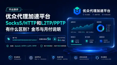 优众代理加速平台Socks5/HTTP和L2TP/PPTP有什么区别？金币与月付说明封面图