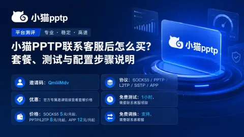 小猫PPTP联系客服后怎么买？套餐、测试与配置步骤说明封面图