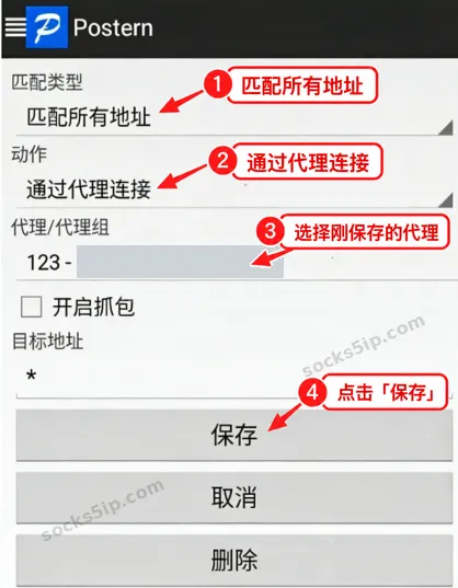 第5步:设置匹配所有地址、通过代理连接,选择刚保存的代理并点击保存
