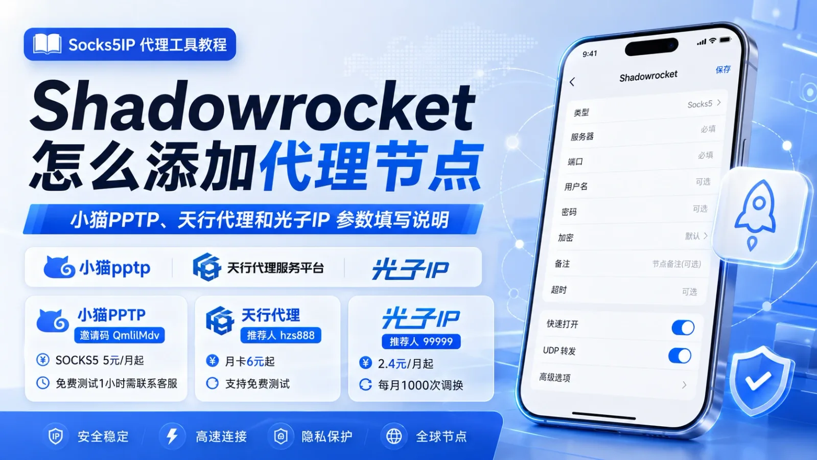 Shadowrocket 怎么添加代理节点？小猫PPTP、天行代理和光子IP 参数填写说明封面图