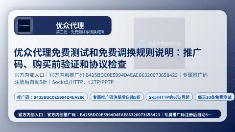 优众代理免费测试和免费调换规则说明：推广码、购买前验证和协议检查封面图