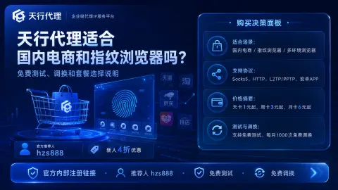 天行代理适合国内电商和指纹浏览器吗？免费测试、调换和套餐选择说明封面图